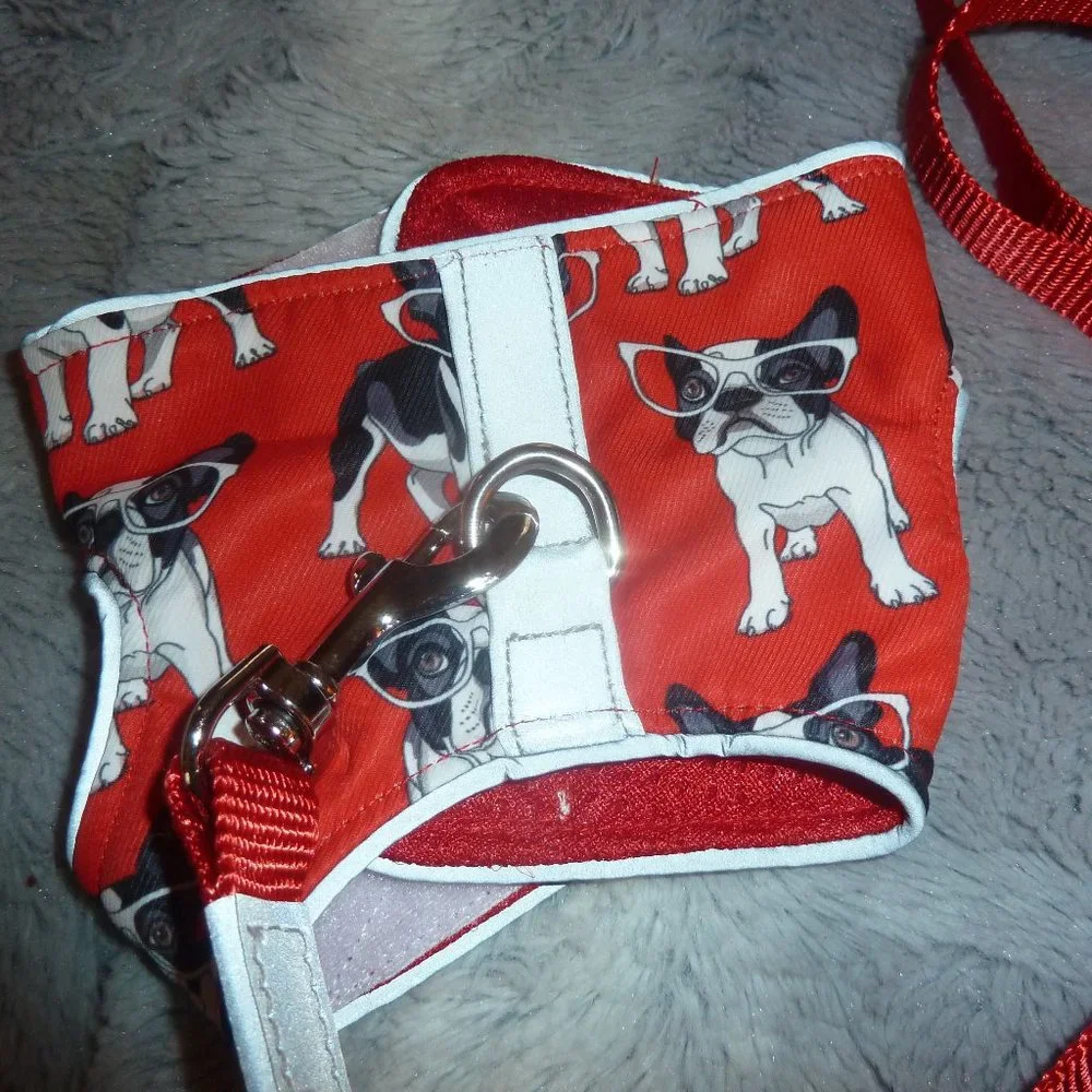 XS Dog or Cat Harness & Leash Set, Red with Black & White Dog Print, New